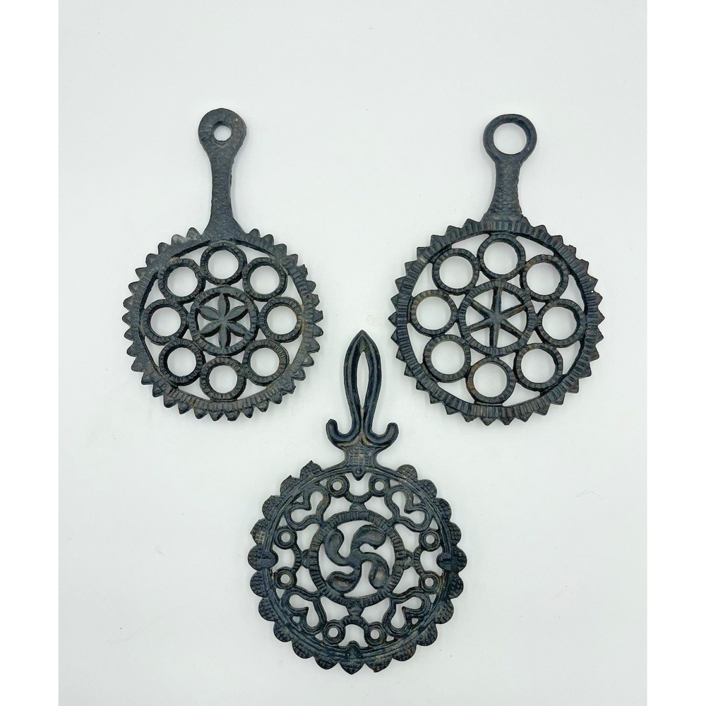Vintage MCM Set of 3 Black Cast Iron Trivets Wall Hangings Round Stars